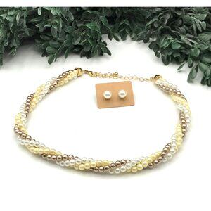 Vintage Avon Twisted Multi-Tone Pearl Necklace & Earrings Set